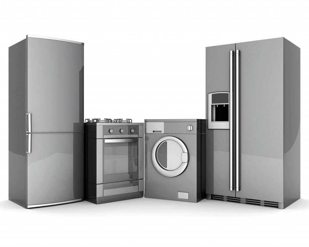 3D models of two different refrigerators, an oven and a washer/dryer.