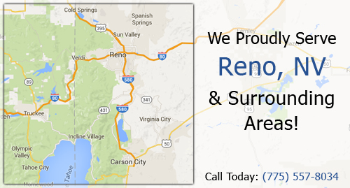 A map of the area surrounding Reno, Nevada, with text reading: We proudly service Reno, NV and surrounding areas! Call Today: (755) 557-8034